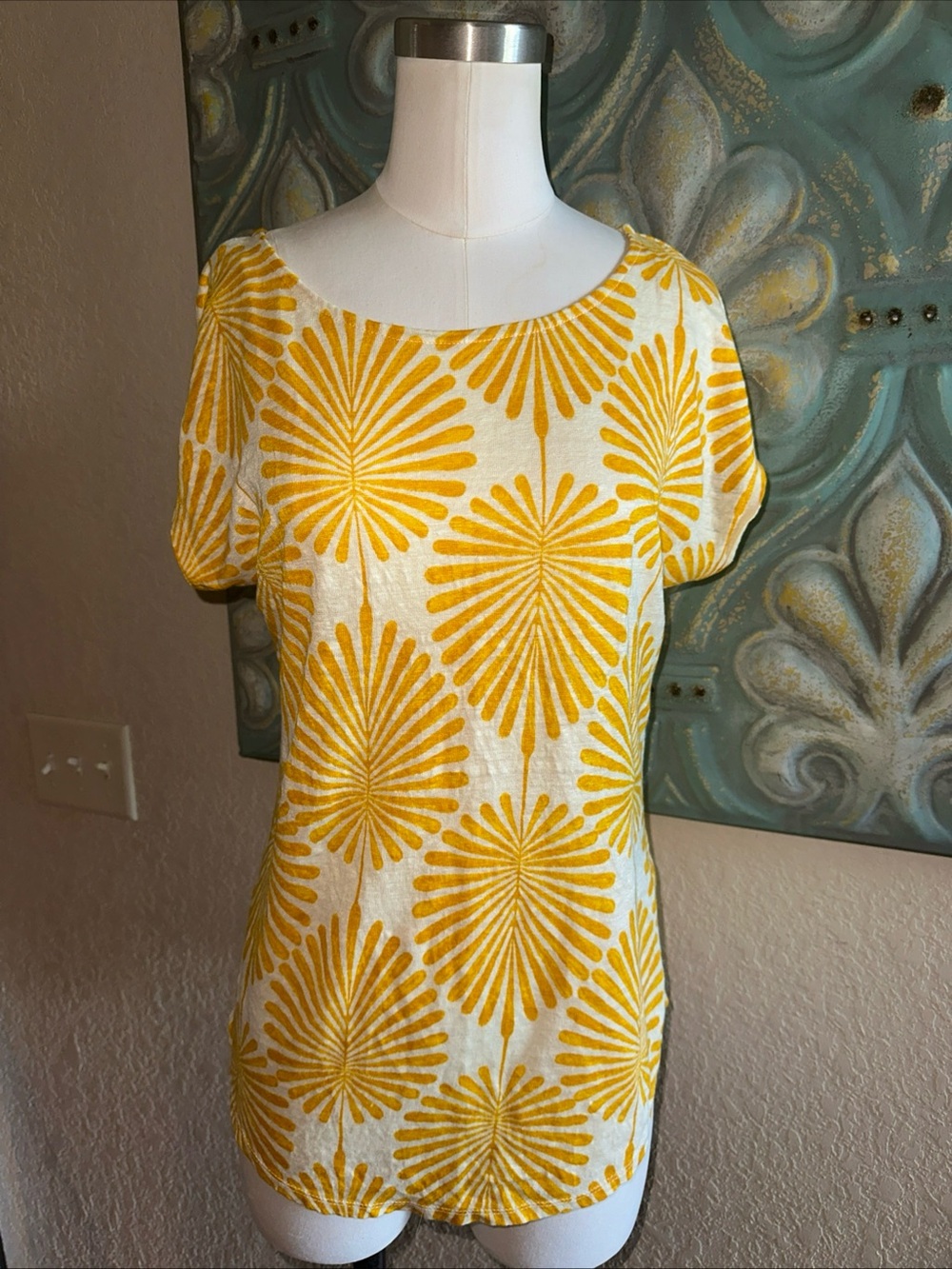 Joie Womens 100% Linen Shirt Tunic Top Unique Print Yellow Sz M